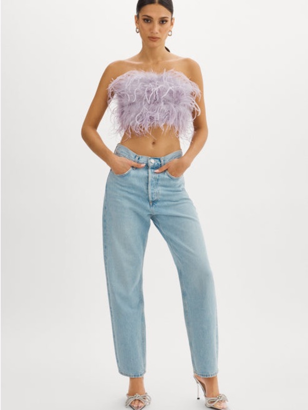 Lamarque Zaina Feathered Strapless Crop Top Lavender